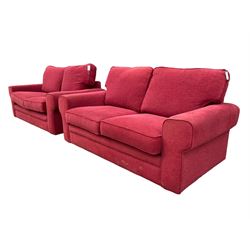 Pair of two seat sofas, upholstered in red fabric