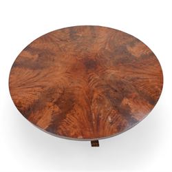 Victorian mahogany breakfast centre table, circular tilt-top with figured segmented veneers, tapering octagonal column on concaved triangular platform, scrolled carved feet 