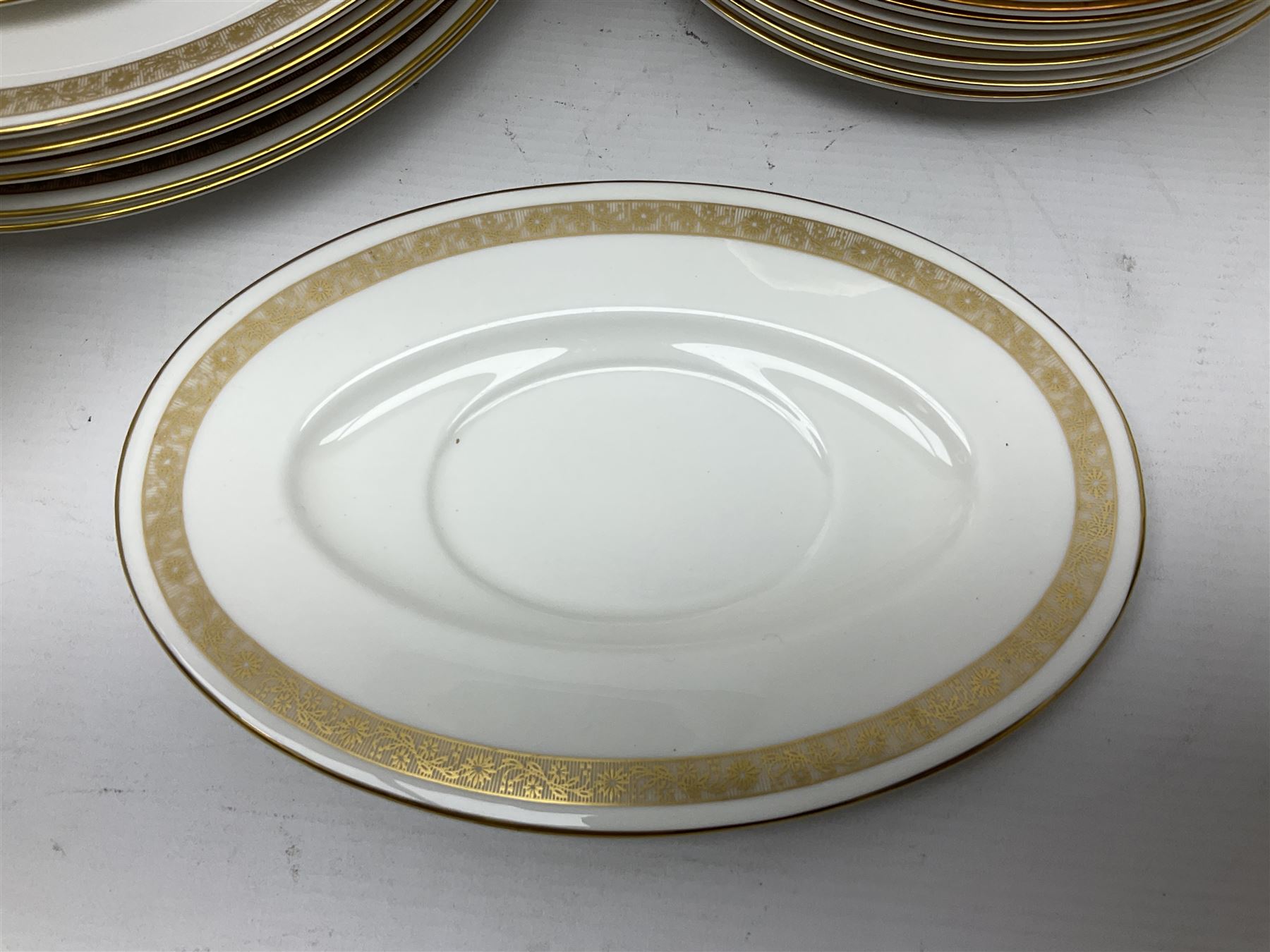 Royal Worcester Golden Anniversary pattern dinner wares, including ten dinner plates, twelve side plates, eight twin handled bowls and saucers, covered tureen (55)