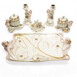 Ernst Wahliss for Turn Wien Austrian Art Nouveau dressing table set, comprising tray, pair...