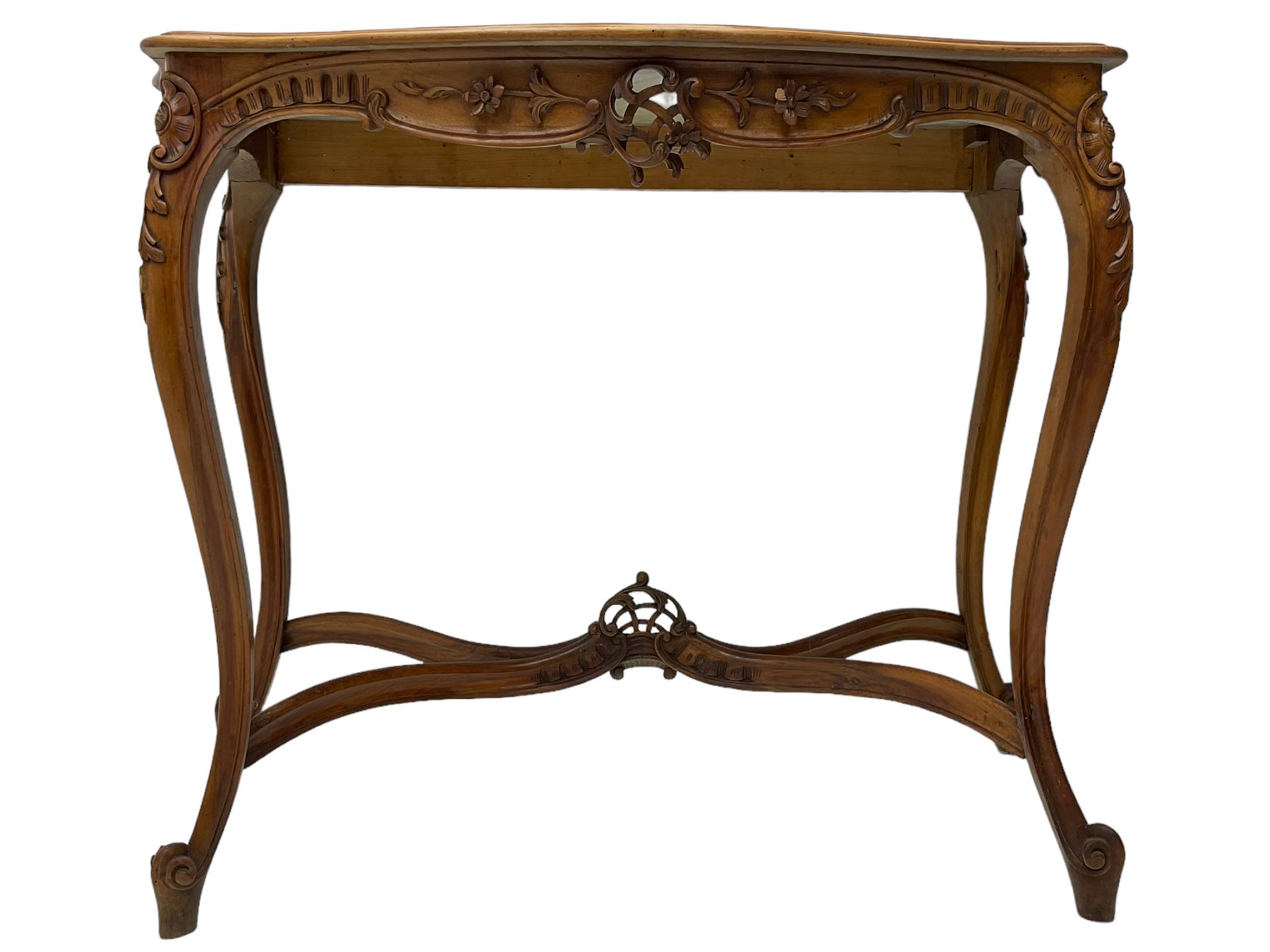 French design walnut console table, shaped top with inset grey marble panel, the frieze pierced and carved with scrolling foliage and applied flower heads, raised on cabriole supports with cartouche carved knees, united by shaped X-stretcher