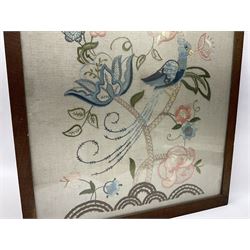 20th century framed crewelwork embroidery, depicting foliate and birds, H64, W55cm