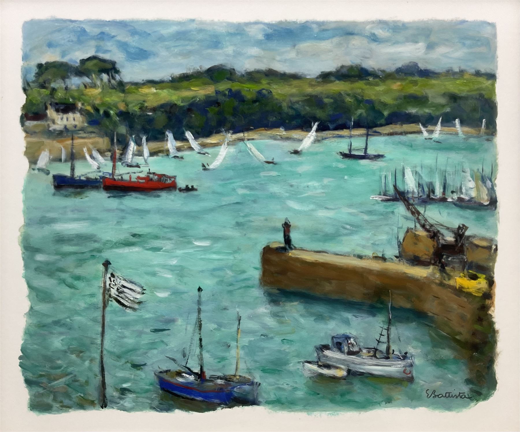 Eric Battista (French 1933-): 'Regatta Trieux Brittany France', oil on paper signed, titled verso 43cm x 51cm