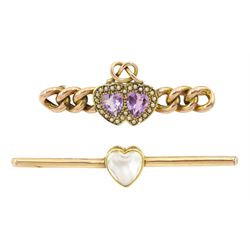 Early 20th century 14ct gold heart cut moonstone brooch and a rose gold amethyst and seed pearl double heart and curb link brooch, stamped 9ct