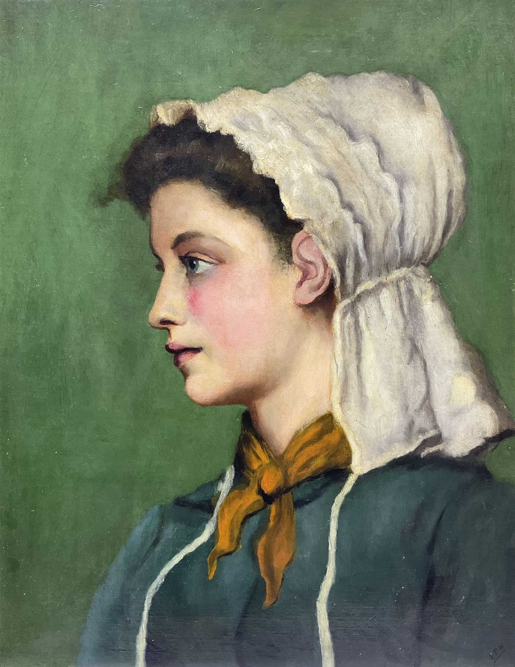 EPH (British 19th Century): Portrait of a Girl with a Yellow Scarf, oil on canvas signed with initials 45cm x 35cm 