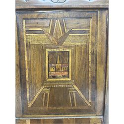 19th century walnut side chair, foliage carved cresting rail over geometric inlaid back with central panel depicting buildings, upholstered seat, on moulded and chamfered square supports