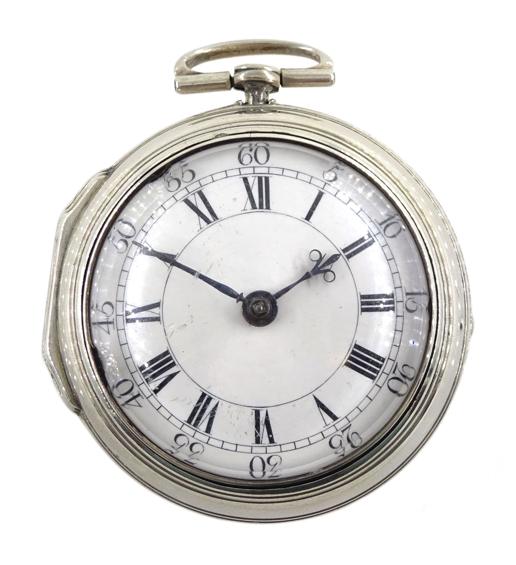 18th century silver pair cased verge fusee pocket watch by Alexander Hare  (London ), No. 200, square baluster pillars, pierced and  engraved balance cock, white enamel dial with Roman hours - The