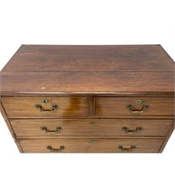 George III mahogany chest, moulded rectangular top over two short and three long cock-beaded drawers, fitted with brass swan neck handles and circular plates, on bracket feet