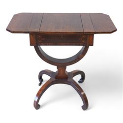 Victorian inlaid rosewood work or sewing table, the rectangular drop-leaf top with canted corners and inlaid with geometric banding, the hinged lid opening to reveal a central compartment surrounded by divisions, raised on a U-support terminating to arched supports with castors