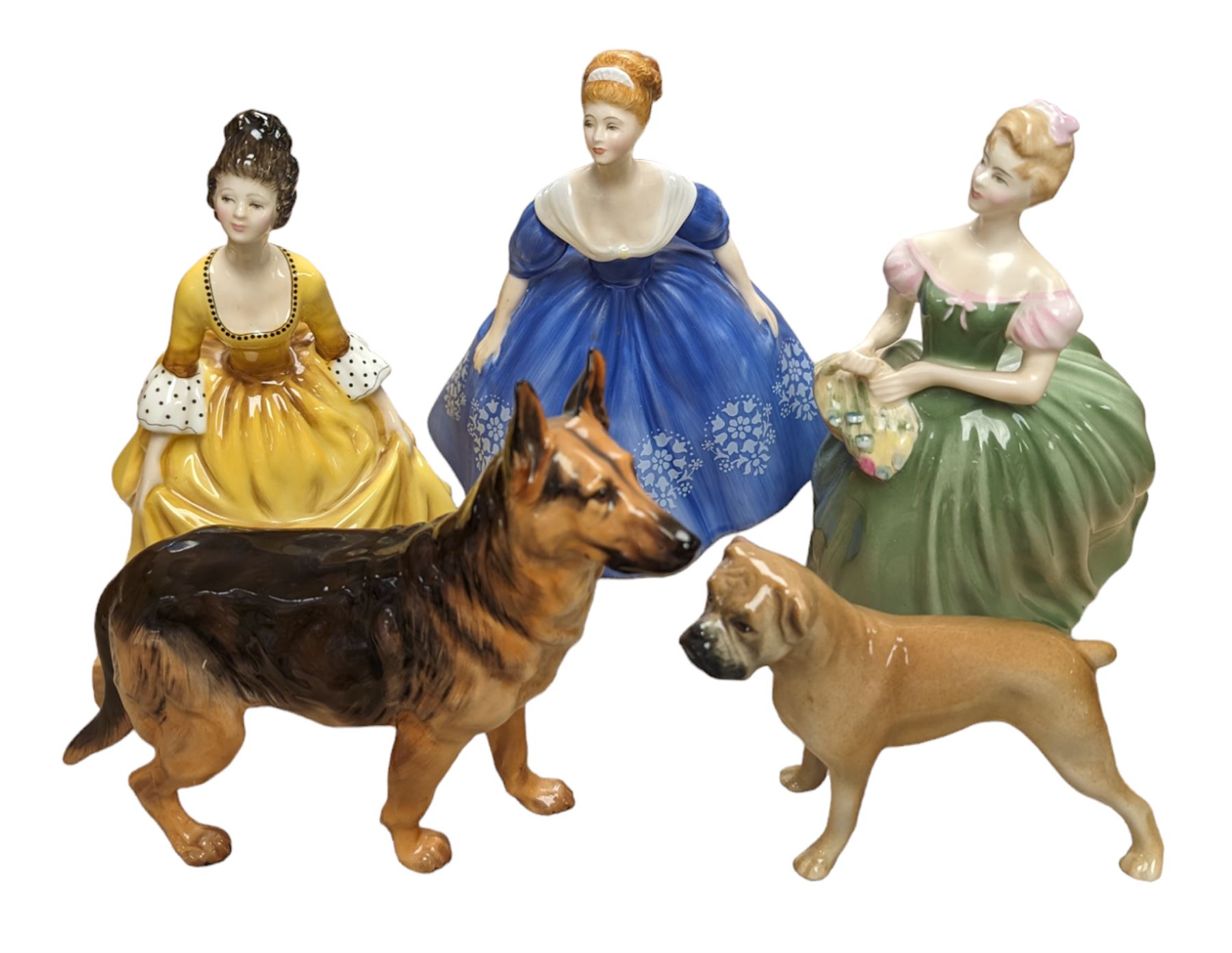 Three Royal Doulton figures, to include Nina, Clarissa and Coralie, together with a Royal Doulton Alsation figure and a Branksome boxer dog figure