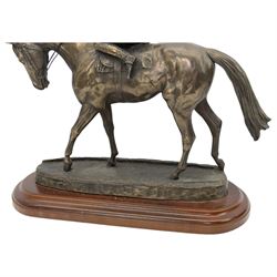 'The Weatherby's Ireland Greenlands Stakes Gr3 Winner - The Curragh 26th May 2012' - bronze resin group by Genesis Fine Art, Ireland with racehorse, jockey and lad on wooden base 34cm x 32cm and another of horse and jockey (2)