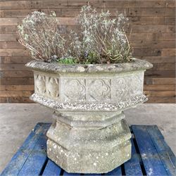 Large 19th century gothic design octagonal stone font, quatrefoil decoration 