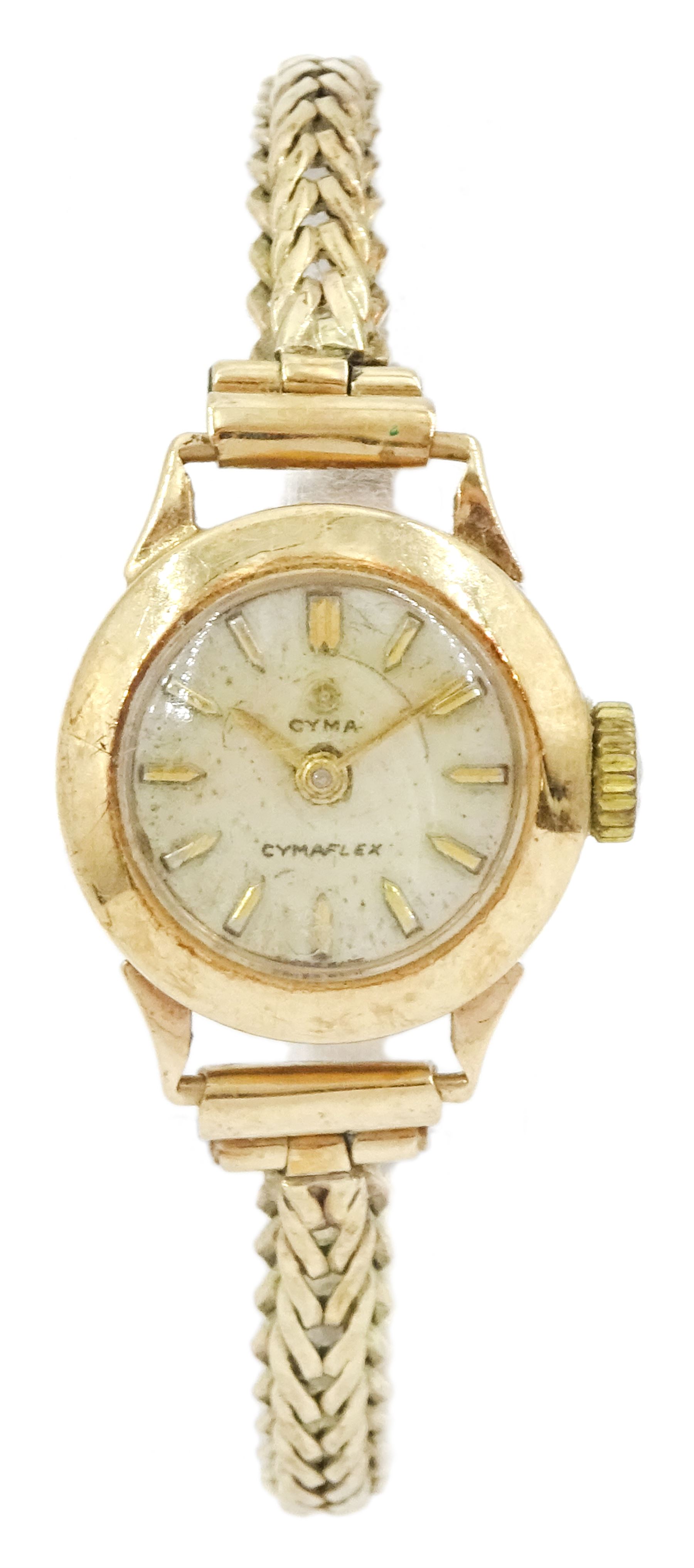 Cyma ladies 9ct gold manual wind wristwatch, on 9ct gold bracelet, hallmarked