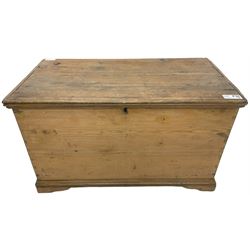 Victorian pine blanket chest, rectangular hinged top with moulded edge, enclosing main compartment and candle box