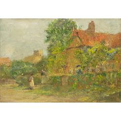 English School (Early 20th century): Village scene with Figures, oil on canvas indistinctly signed 25cm x 35cm