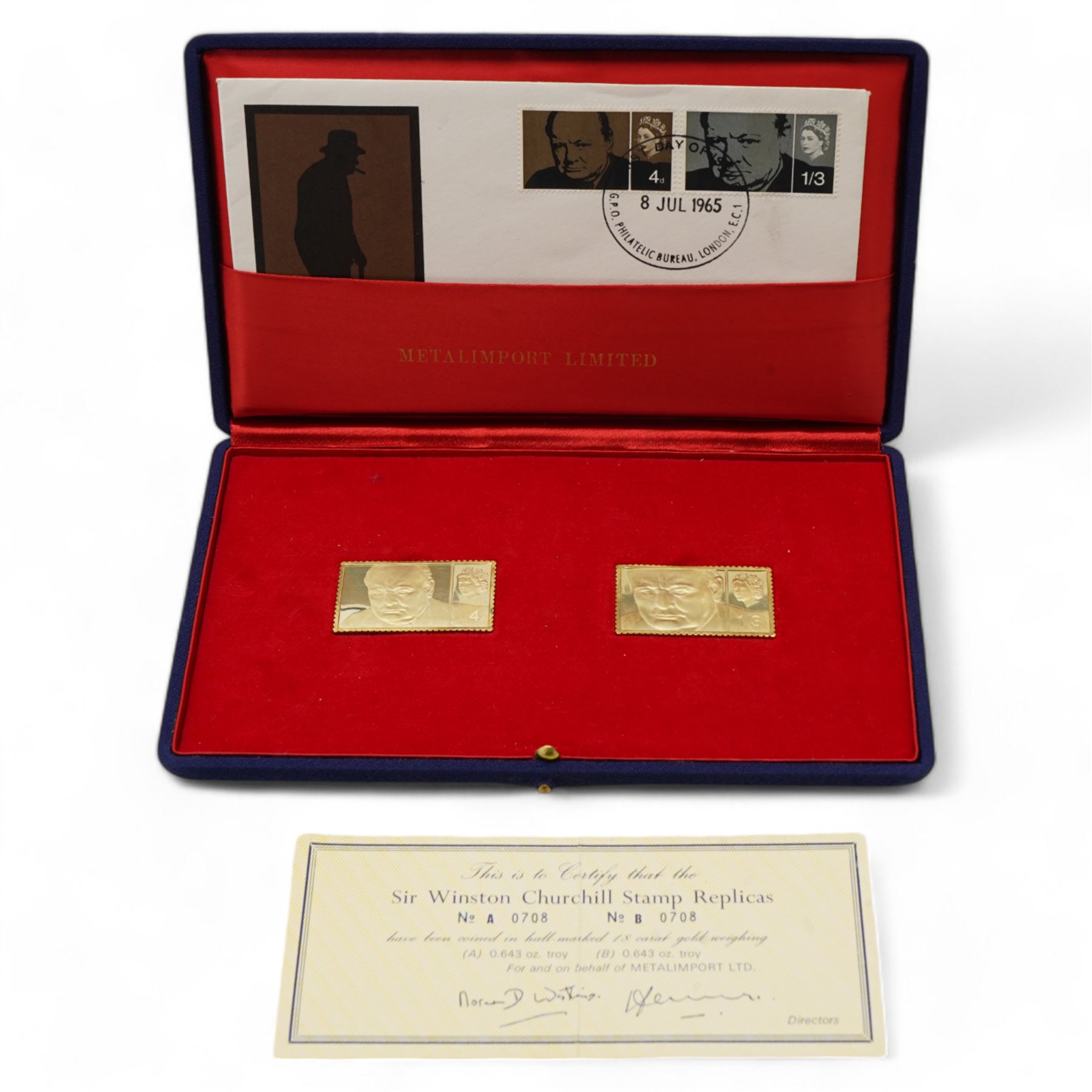 'Sir Winston Churchill Stamp Replicas' set of two hallmarked eighteen carat gold stamp replica ingots, total weight approximately 40.3 grams, cased with certificate and commemorative stamp cover