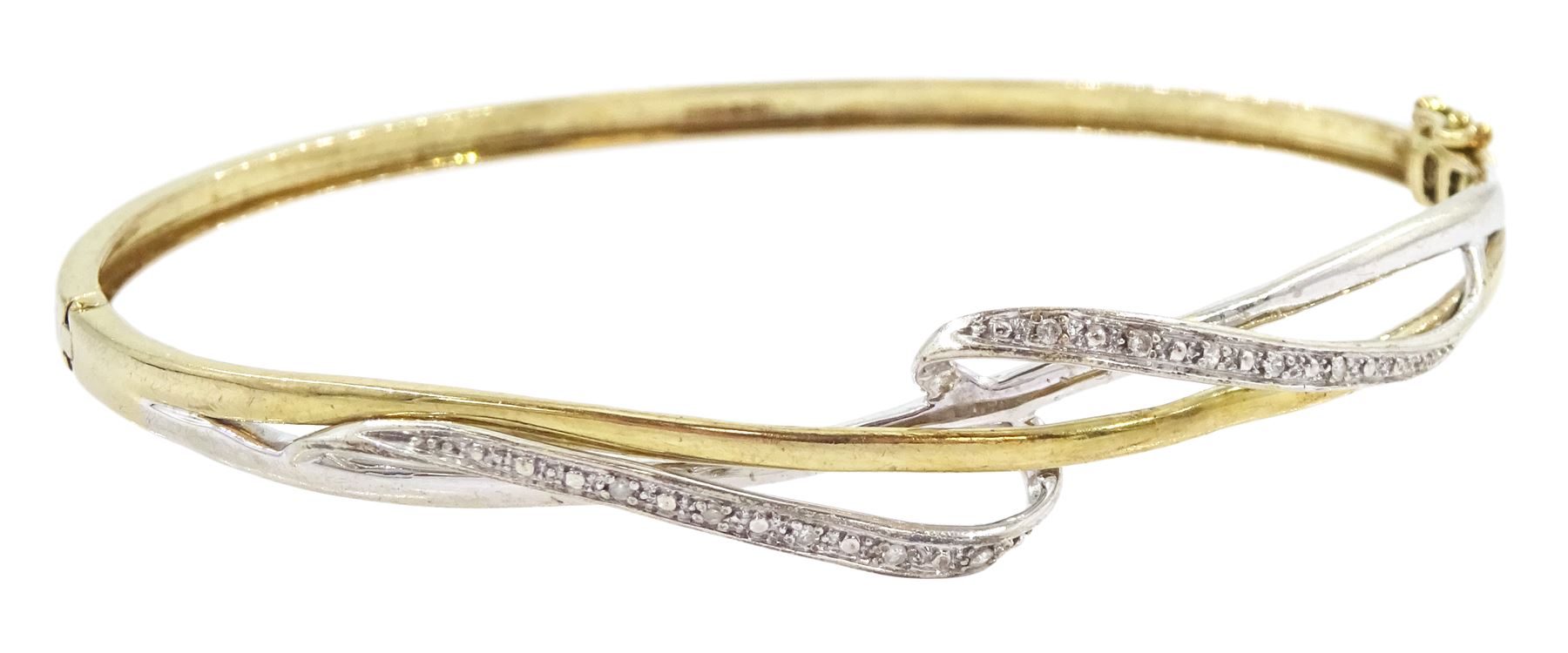 9ct white and yellow gold diamond twist hinged bangle, hallmarked