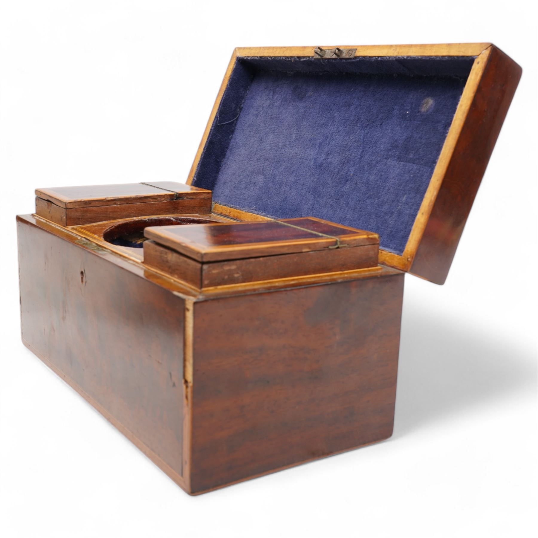 Early 19th century mahogany tea caddy crossbanded in satinwood, the interior with two covered containers and bowl recess W31cm