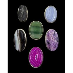 Six silver large stone set rings including charolite, lace blue agate, banded agate and pink agate