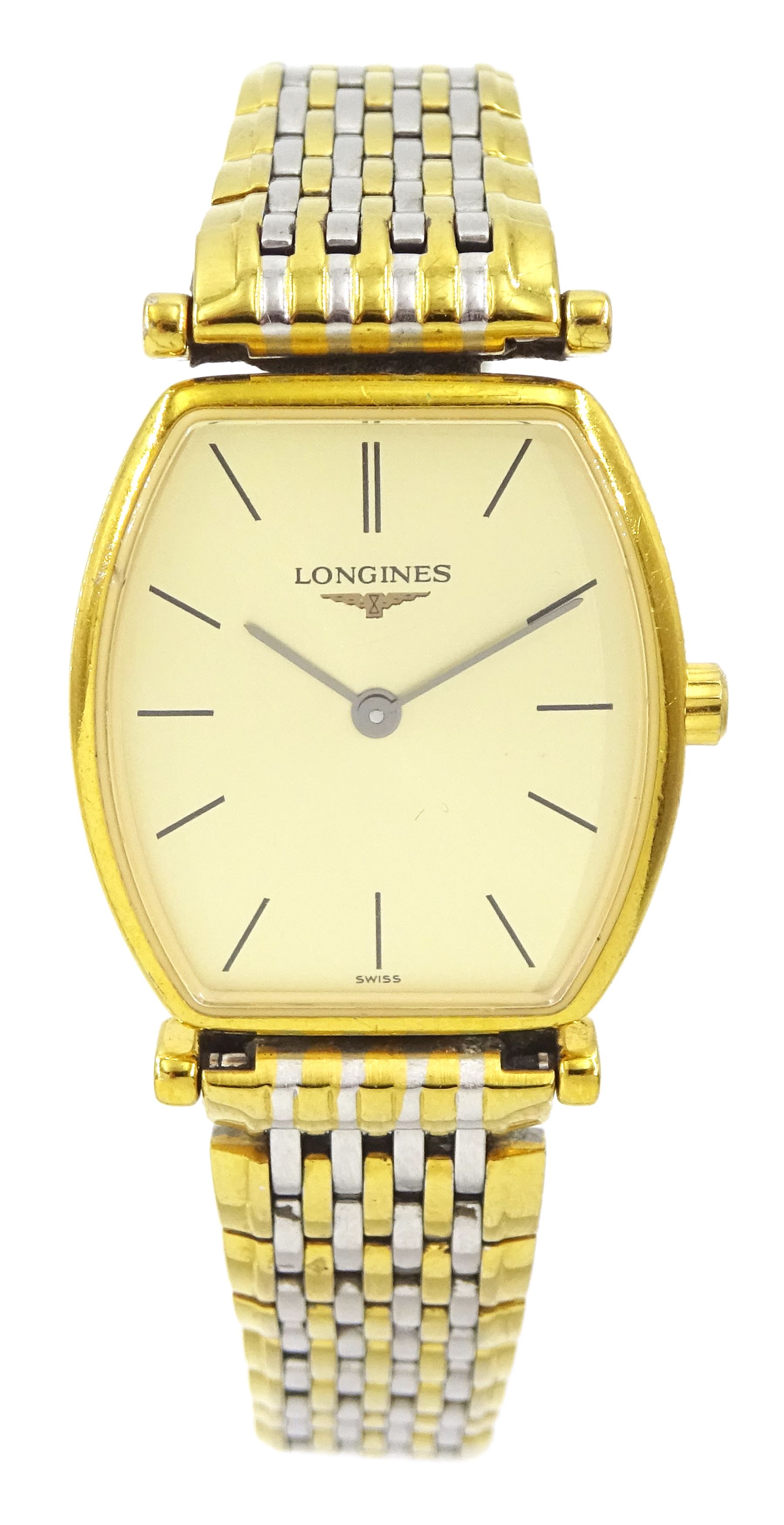 Longines La Grand Classique ladies gold-plated and stainless steel quartz wristwatch, Ref. L4 205 2, champagne dial with baton hour markers, boxed with guarantee card dated 2009 and additional links