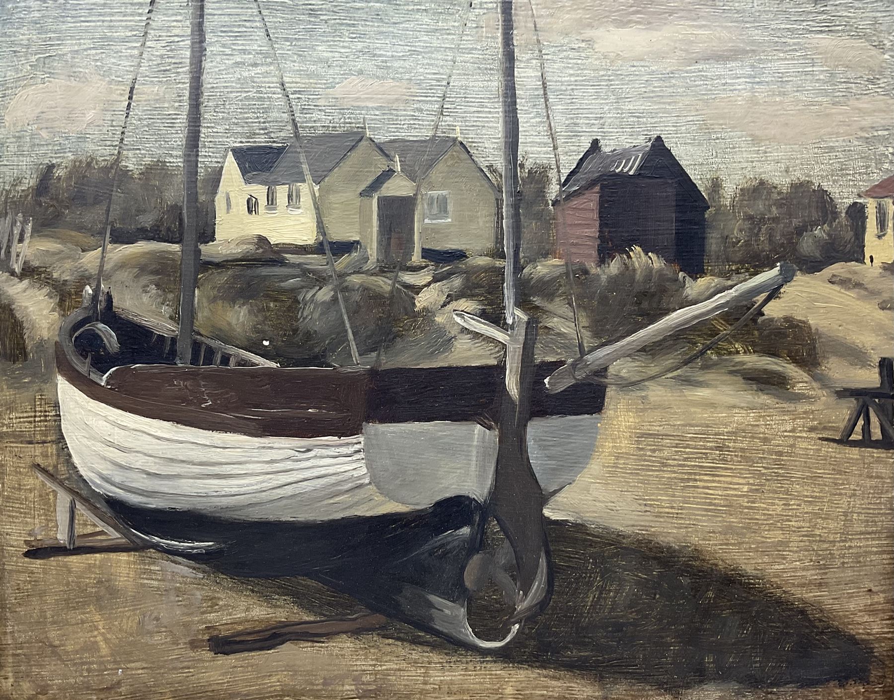 English School (Mid 20th Century): 'Brown and White Boat - Thorpeness', oil on panel, inscribed with title and dated 1947 verso 24cm x 29cm 