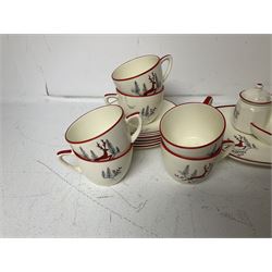 Crown Devon Stockholm pattern tea wares, comprising six cups and saucers, cake plate, milk jug, sugar bowl and cruet set