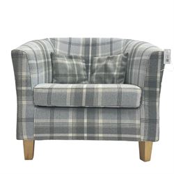 Tub shaped armchair, upholstered in tartan fabric