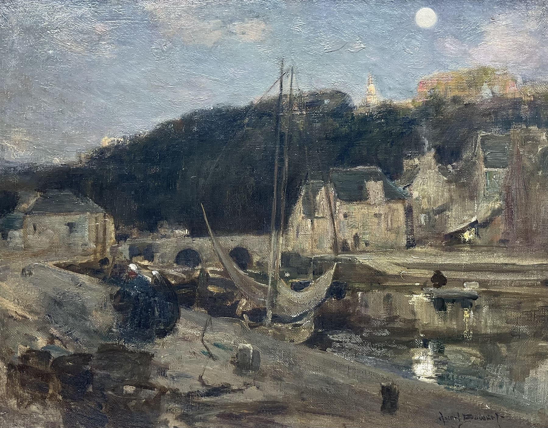 Owen Bowen (Staithes Group 1873-1967): 'Dinan Brittany' - Fishing Village at Moonlight, oil on canvas signed, labelled verso 37cm x 47cm