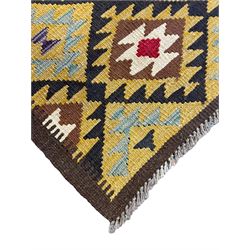 Chobi Kilim multi-colour runner rug, the field decorated with geometric lozenges in contrasting shades on brown ground