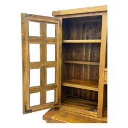 Oak dresser, upper section with twin glazed cupboard doors and central shelving with two trinket drawers, lower section fitted with six drawers over three panelled cupboard doors, raised on shaped feet 