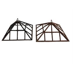 Two 19th century cast iron cloche lid frames, pyramid form with astragal frame, with carrying handle