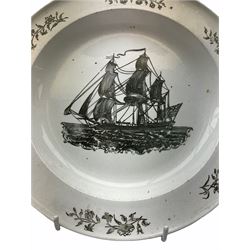Late 18th century Liverpool Herculaneum creamware plate, printed with a three masted ship or Barque, flying an ensign, the border decorated with floral sprigs, impressed beneath Herculaneum, D25.5cm