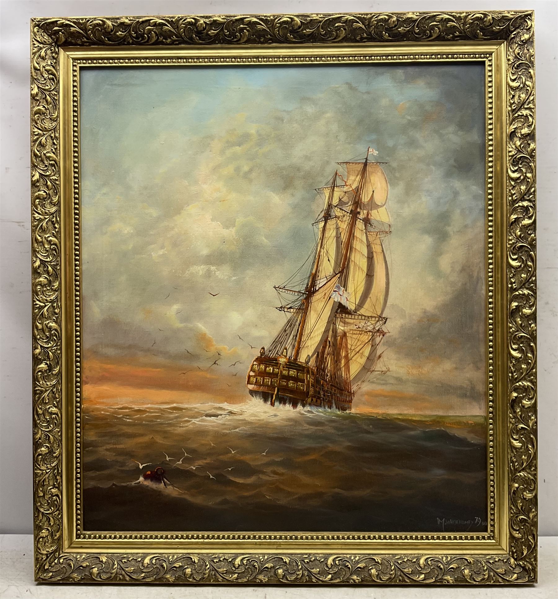 Michael J Whitehand (British 1941-): Galleon at Sunset, oil on canvas signed and dated '79, 72cm x 62cm