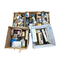 Large collection of radio parts, camera and electrical equipment and similar, together with other electrical parts, etc in five boxes 