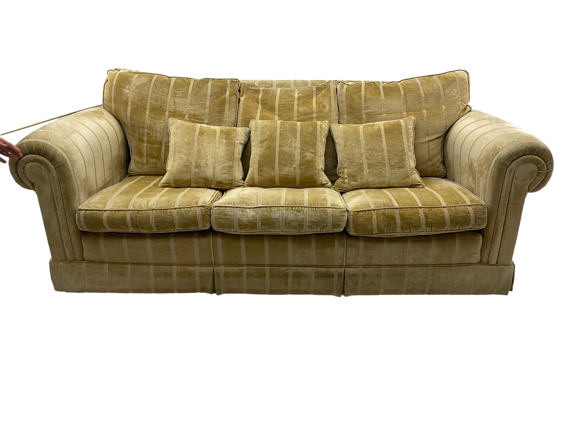 Duresta England - three-seat sofa, upholstered in pale gold fabric, traditional shape with rolled arms