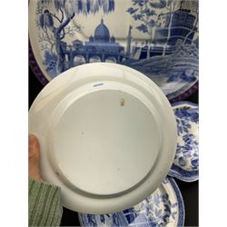 19th century Spode blue and white dinner service for six place settings, decorated in the Tiber pattern, comprising six dinner plates, six dessert plates, meat drainer with red clobbered edge, oval serving dish with twin compartmented interior and matched cover, square serving dish with cover, and two oval platters