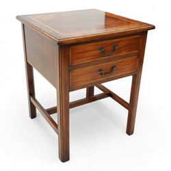 Georgian design mahogany bedside lamp table, square moulded top over two drawers, on squar...