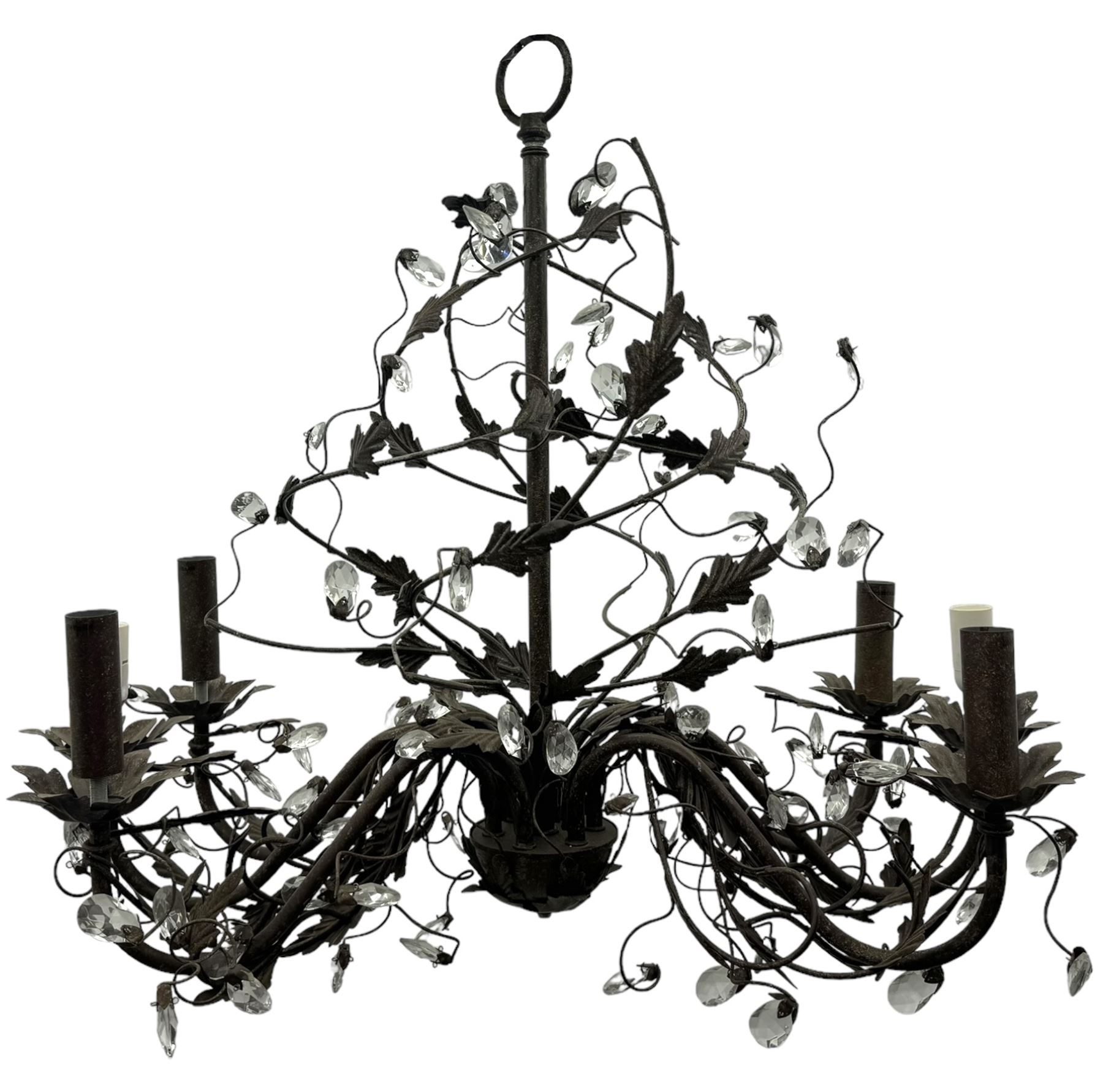 India Jane Interiors - contemporary wrought iron chandelier, adorned with vine and leaf motifs intertwined with faceted glass crystal drops, curved arms supporting six candle-style light fittings, the central stem terminating in a suspension loop