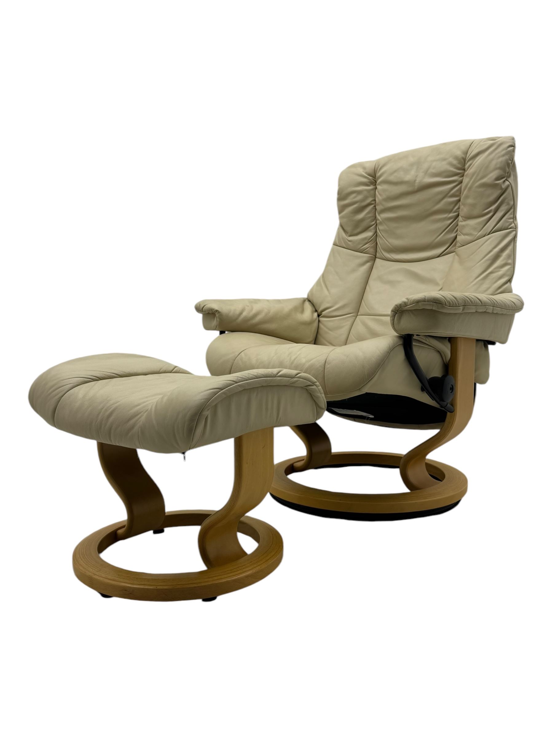 Ekornes Stressless - swivel armchair upholstered in cream leather (W81cm, H103cm); together with matching stool (W49cm)