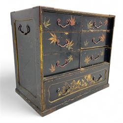 Late Meiji to early Taisho period Japanese lacquered hardwood chest, fitted with seven dra...