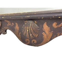 18th century black lacquered and gilt wall mirror, broken arch pediment with central cartouche decorated with curled leaves and foliate motifs, scrolled acanthus leaf eared brackets, bevelled mirror plate within gilt slip and moulded outer frame, lower shell motif surrounded by curled acanthus leaves and shield motifs 