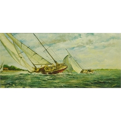  Frank Taylor (British 20th century): 'Fair Wind' - Two Yachts at Sea, oil on board signed, titled on artists label verso 55cm x 120cm   