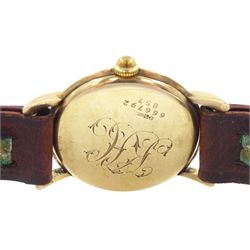 Tudor gentleman's 9ct gold wristwatch, silvered dial with subsidiary seconds dial, back case with engraved initials 'KH', on brown leather strap