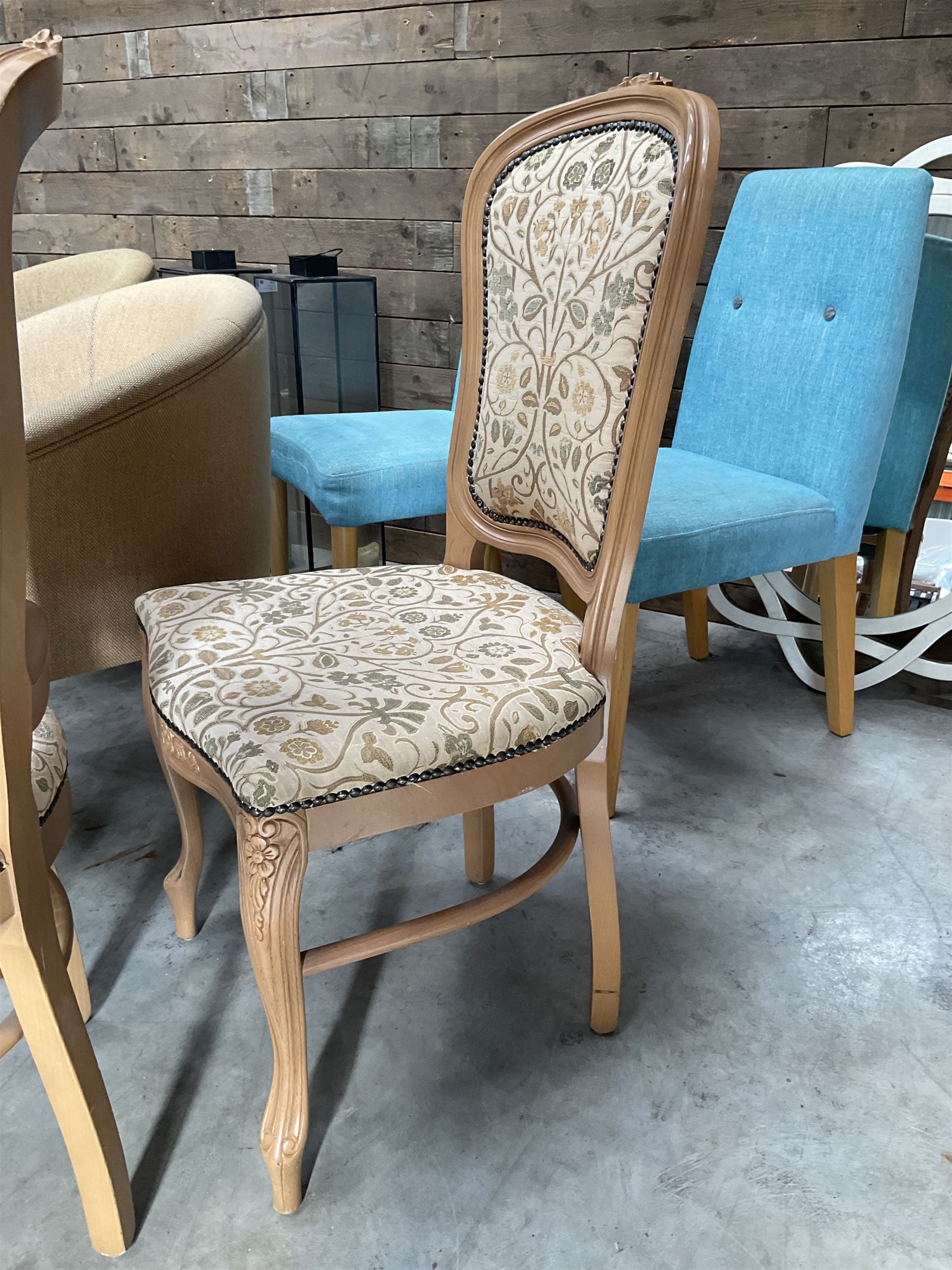 Two metal lanterns, three hessian tub shaped chairs, two blue chairs, two a French chairs, upholstered armchairs, two X framed stools, wall mirror, three drawer chest (14)