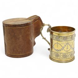 Victorian silver gilt christening mug of Gothic design engraved with trailing garlands wit...