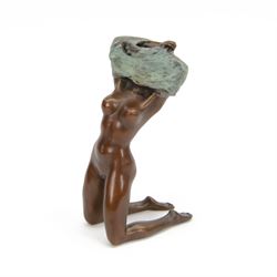 Bronze figure, modelled as a nude female figure removing her shirt, H17cm