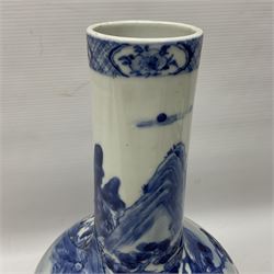 Late 18th/early 19th century Chinese blue and white bottle vase, decorated with a landscape scene containing dwellings, prunus and pine trees, boats and bridges, and populated with figures, with character mark beneath, H35cm