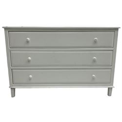 Contemporary wide white painted straight-front chest, fitted with three drawers