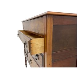 Edwardian walnut gentleman's tallboy, moulded hinged lid enclosing divisions, long drawer over two short drawers and panelled cupboard, turned supports terminating at ceramic castors