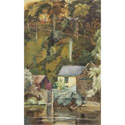 Frank Wood (Northern British 1904-1976): Riverside Cottages, watercolour signed and dated '35, 41cm x 26cm